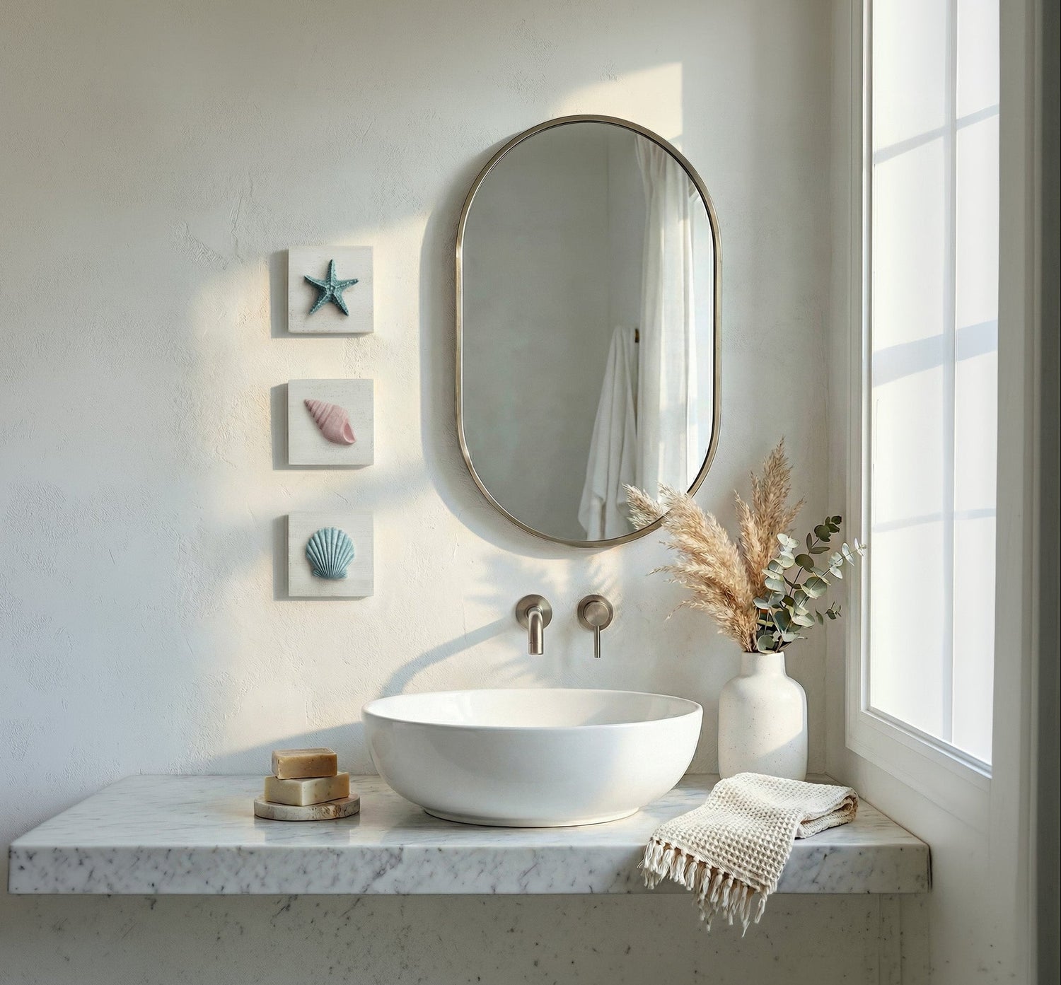 Bathroom vanity with a round mirror, sink, and decorative elements. Tide and Tales 3 piece seashell wall art for bathroom hanging on the wall by the mirror.