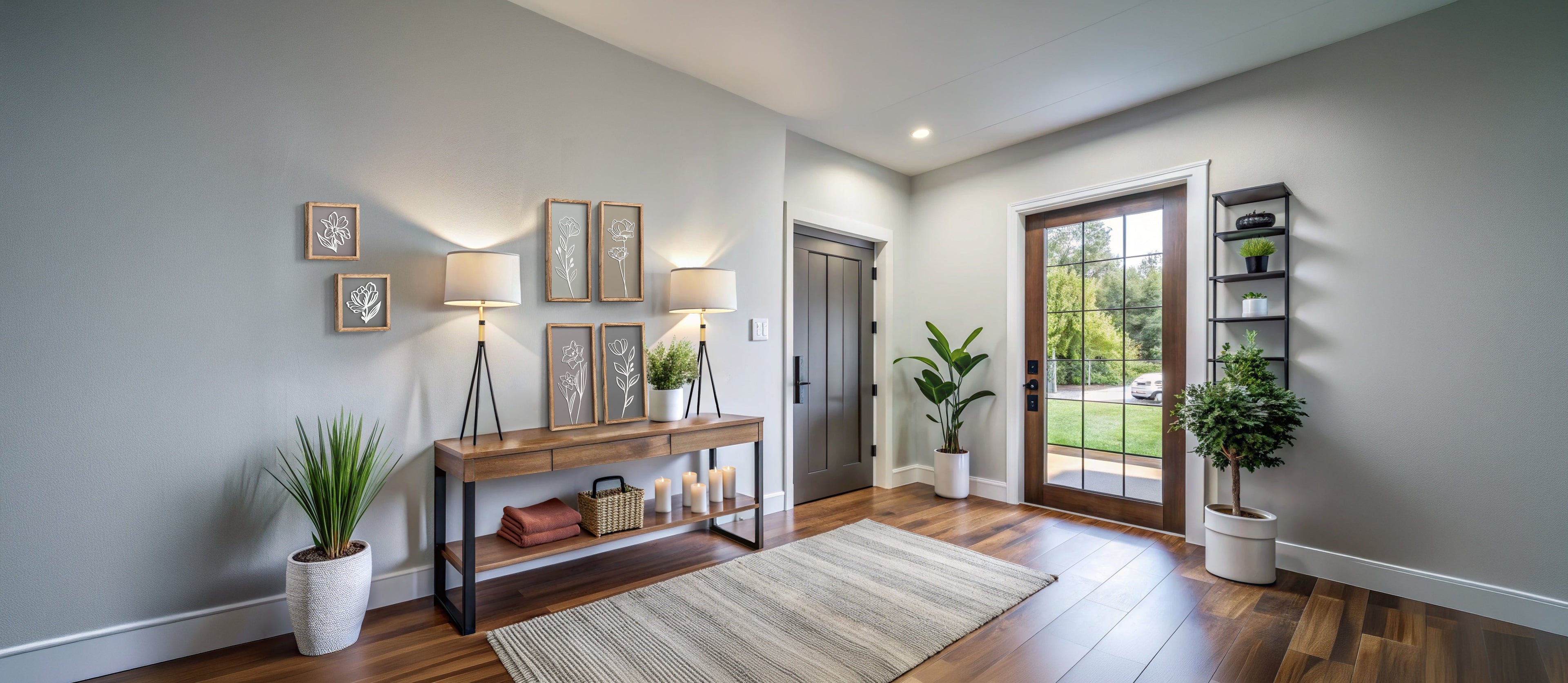 Modern interior of a home with wooden flooring, gray walls, and decorative elements. Tide and Tales botanical wall art with 3D floral design hanging on the wall.